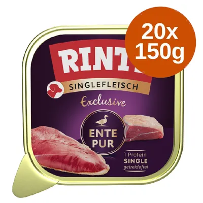 Rinti Singlefleisch Exclusive Ente Pur, 20 x 150 g. Na embalaži vidna slika račjega mesa in besedilo: 1 Protein Single, getreidefrei.