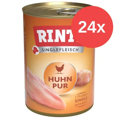 Konzerva RINTI Singlefleisch Huhn Pur, 1 Protein Single, getreidefrei, balení 24×. Text na obalu v němčině.