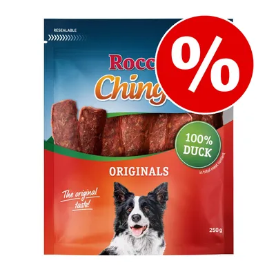 Rocco Chings Originals 100% Duck, 250 g. Resealable pose med billede af hund og stor rød procent-tegn for tilbud. Tekst: The original taste!