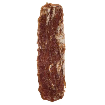 Dried meat strip, brown with light marbling, suitable as a snack or reward for pets.
