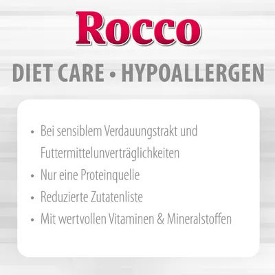 Rocco Diet Care Hypoallergen. Bei sensiblem Verdauungstrakt und Futtermittelunverträglichkeiten, nur eine Proteinquelle, reduzierte Zutatenliste, mit wertvollen Vitaminen & Mineralstoffen.