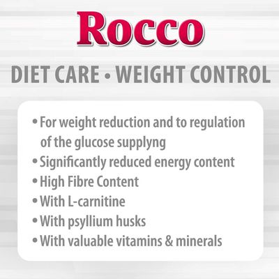 Rocco Diet Care Weight Control: for weight reduction, glucose regulation, reduced energy content, high fibre, with L-carnitine, psyllium husks, vitamins and minerals.