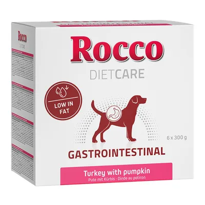 Rocco Diet Care Gastrointestinal, пуйка с тиква, ниско съдържание на мазнини, 6 x 300 г. Опаковката показва куче със стомашен символ.