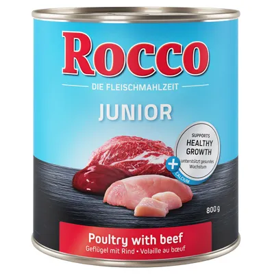 Lata de 800 g Rocco Junior, Poultry with beef. Imagen de carne y pollo crudos. Texto visible: supports healthy growth, calcium. Etiqueta en inglés, alemán y francés.