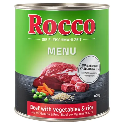 Rocco MENU, 800 g, Beef with vegetables & rice. Na etykiecie widoczne kawałki mięsa, marchew, groszek i ryż. Napis: ENRICHED WITH CARBOHYDRATES.