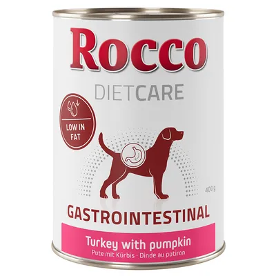 Konzerva Rocco DietCare GASTROINTESTINAL, 400 g, nápisy Low in fat a Turkey with pumpkin. Obrys psa s vyznačeným žaludkem na etiketě.