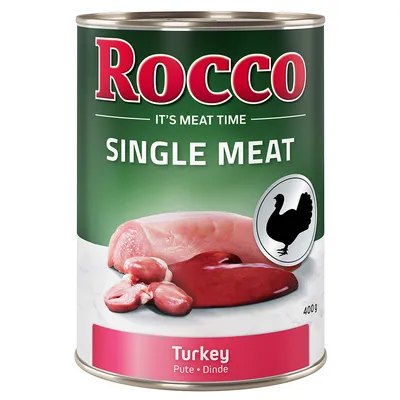 Rocco Single Meat kalkkuna, 400 g tölkki. Kuvassa kalkkunanlihaa ja sisäelimiä sekä musta kalkkunasymboli.