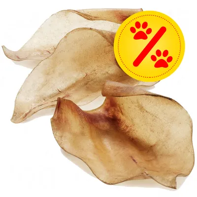 Flera torkade grisöron, erbjudande-symbol med gul cirkel och röd procenttecken samt tassavtryck synlig i hörnet.