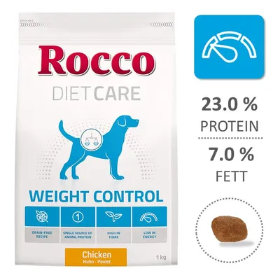 Rocco Diet Care Weight Control Chicken 1 kg hundfoder. 23,0 % protein, 7,0 % fett. Bild på foderbit. Text: grain-free recipe, single source of animal protein, high in fibre, low in energy.