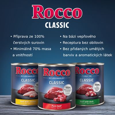 Rocco Classic Pork with beef & chicken, 24×400g konzerv. Text: 100% fresh ingredients & grain-free recipe. Na etiketě obrázek masa.