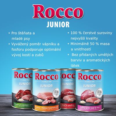 Rocco Junior konzervy 24×400 g, nápis 'Turkey with veal hearts & rice', viditelné maso a rýže na obalu, označení 'Supports healthy growth' a '+ calcium'.