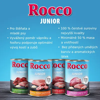 Rocco Junior 24 x 400 g - krůtí s telecími srdci a rýží