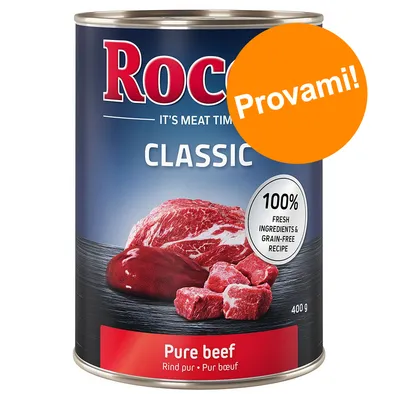 Rocco Classic Pure beef, 400 g. Testo visibile: 100% fresh ingredients & grain-free recipe, Provami!, Rind pur • Pur bœuf.