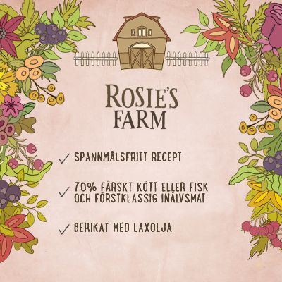 Rosie's Farm. Spannmålsfritt recept, 70 % färskt kött eller fisk och förstklassig inälvsmat, berikat med laxolja.