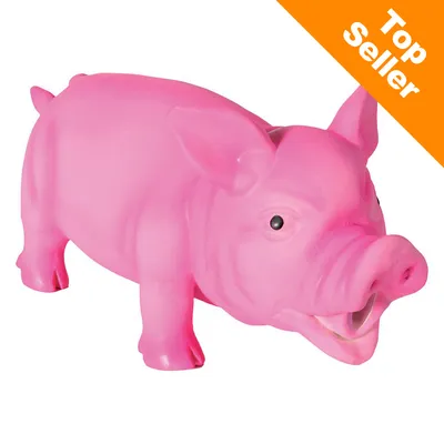 Rosa leksaksgris i plast. Orange hörn med vit text: Top Seller.