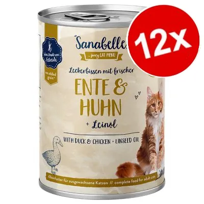 Sanabelle Ente & Huhn + Leinöl våtfoder för katt, text på tyska och engelska, bild på katt, 12x markerat i röd cirkel Sanabelle Ente & Huhn + Leinöl våtfoder för katt, text på tyska och engelska, bild på katt, 12x markerat i röd cirkel