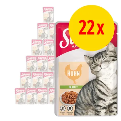 Schmusy Ragout mit Huhn in Jelly, 22 poser kattemad. Tekst: getreidefrei, ohne zuckerzusatz. Billede af glad kat og skål med foder på emballagen.