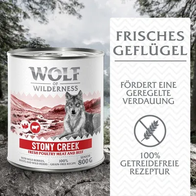 Wolf of Wilderness Stony Creek Senior, frisches Geflügel und Rind, mit Wildbeeren und Kräutern, 100% getreidefreie Rezeptur, fördert geregelte Verdauung, 800g Dose.