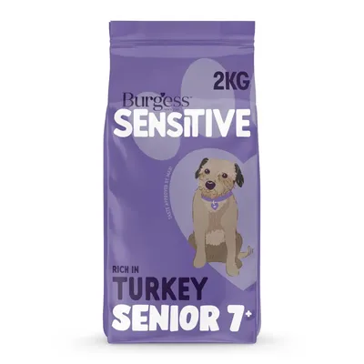 2kg bag labelled Sensitive, rich in turkey, senior 7+, with illustration of a dog. Text includes 'Taste approved by Maisie'.