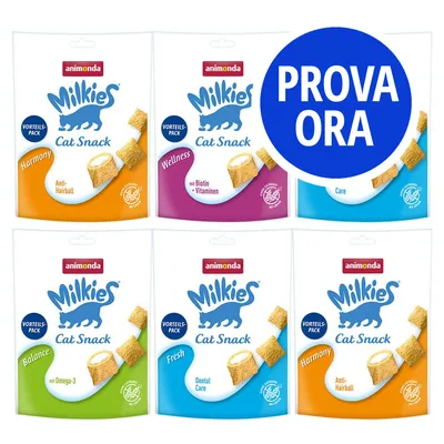 Sei confezioni di snack per gatti animonda Milkies Cat Snack: Harmony Anti-Hairball, Wellness mit Biotin + Vitaminen, Care, Balance mit Omega-3, Fresh Dental Care. Cerchio blu con testo 'PROVA ORA'.