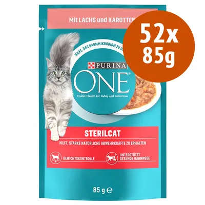 Purina ONE Sterilcat, 52x85g, con salmone e carote. Peso netto 85 g. Controllo del peso, supporta vie urinarie sane. Testo in tedesco sulla confezione.
