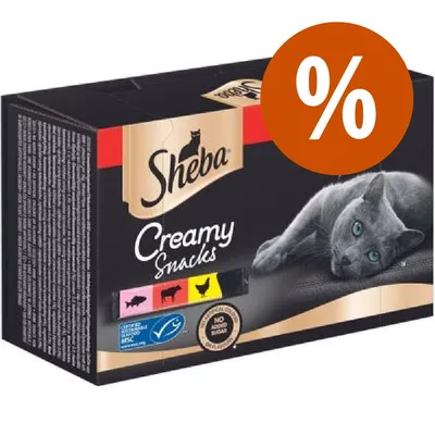 Confezione Sheba Creamy Snacks con simbolo percentuale di offerta, testo visibile: 'NO added sugar', 'MSC', immagini di pesce, pollo e manzo.