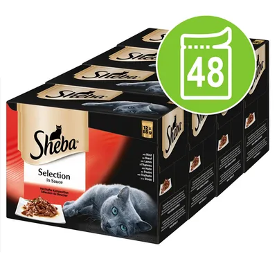 Sheba Selection in Sauce, опаковка с 48 пауча по 85 г. Видими са котка и чиния с храна на кутията. Надпис: 12 x 85 g, 48 в зелен кръг.