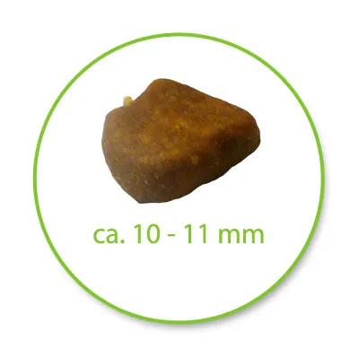 Jedna smeđa granula hrane, prikazana uz natpis: ca. 10–11 mm