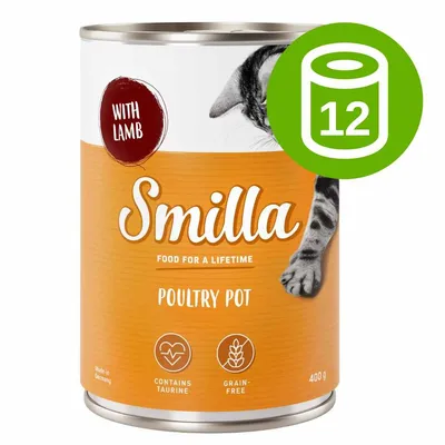 Smilla Poultry Pot with Lamb, 400 g. Zestaw 12 puszek. Na etykiecie: contains taurine, grain-free, food for a lifetime. Smilla Poultry Pot with Lamb, 400 g. Zestaw 12 puszek. Na etykiecie: contains taurine, grain-free, food for a lifetime.