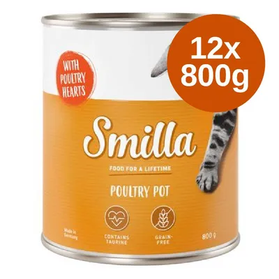Confezione da 12 lattine Smilla Poultry Pot 800 g, con scritte 'with poultry hearts', 'contains taurine', 'grain-free', immagine di una zampa di gatto e testo in inglese.