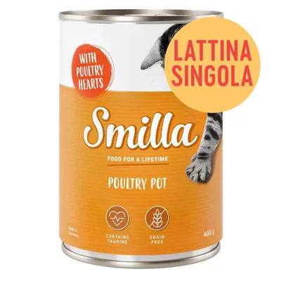 Smilla Poultry Pot, lattina singola 400 g, con cuori di pollame, contiene taurina, grain-free. Testo in inglese: Food for a lifetime, contains taurine, grain-free. Smilla Poultry Pot, lattina singola 400 g, con cuori di pollame, contiene taurina, grain-free. Testo in inglese: Food for a lifetime, contains taurine, grain-free.