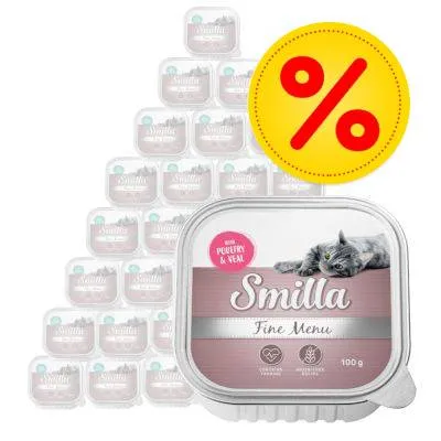 Multipack konzerv Smilla Fine Menu 100 g, na obalu obrázek kočky a nápis 'WITH POULTRY & VEAL'. Žlutý kruh s červeným symbolem procenta pro zvýhodněnou nabídku.