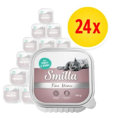 Smilla Fine Menu med kalkon och kanin, 24-pack, 100 g portionsförpackningar. Bild på förpackning med liggande katt och texten 'grain free recipe' samt hjärtsymbol.