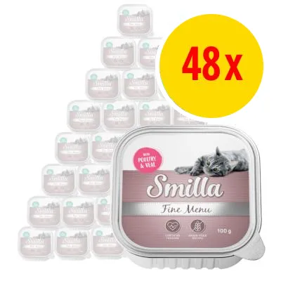 Smilla Fine Menu våtfoder för katt, 48x100 g. Text på förpackning: 'with poultry & veal', 'Fine Menu', symboler för hjärta och spannmål.