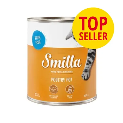 Smilla FOOD FOR A LIFETIME POULTRY POT, WITH FISH, CONTAINS TAURINE, GRAIN-FREE, 800 g. Gul cirkel med rød tekst: TOP SELLER.