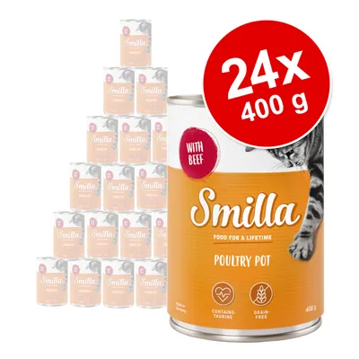 24 x 400 g Smilla Poultry Pot kattmatburkar, text: WITH BEEF, FOOD FOR A LIFETIME, CONTAINS TAURINE, GRAIN-FREE, bild på katt och burk med orange etikett.