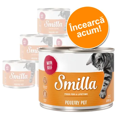 Conservă Smilla Poultry Pot cu vită, 200 g, pentru pisici. Text vizibil: WITH BEEF, CONTAINS TAURINE, GRAIN-FREE, Încercă acum! Imagine cu o pisică pe ambalaj.