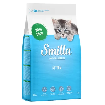 Smilla Kitten tørfoder med and, genlukkelig emballage, indeholder taurin og omega-fedtsyrer, for harmonisk vækst. Made in Germany, 1 kg.