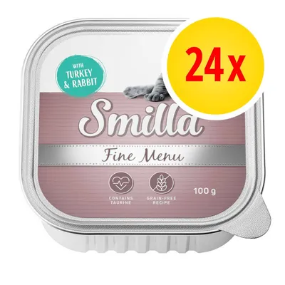 Smilla Fine Menu, 24x100 g, with turkey & rabbit, contient taurine, recette sans céréales. Texte en anglais sur l’emballage.