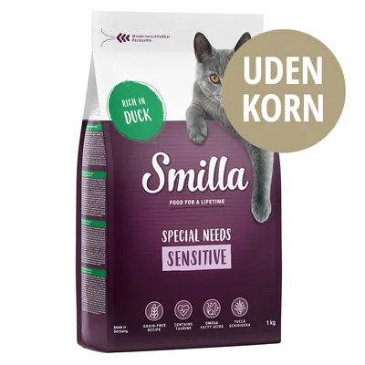 Smilla Special Needs Sensitive kattefoder, 1 kg. Tekst: UDEN KORN, Rich in Duck, Food for a Lifetime, Grain-Free Recipe, Contains Taurine, Omega Fatty Acids, Yucca Schidigera.