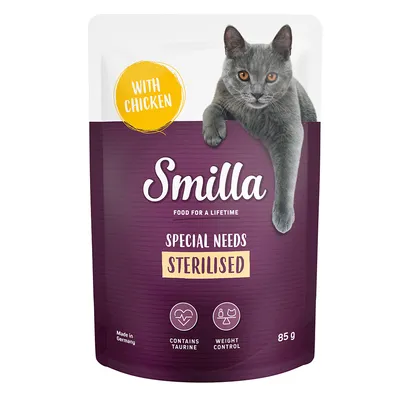 Smilla Special Needs Sterilised with chicken, 85 g. Texte visible : contains taurine, weight control, made in Germany, food for a lifetime.