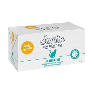 Smilla Veterinary Diet Sensitive с пиле. Разработена от ветеринари за намаляване на непоносимост към съставки и хранителни вещества. Опаковка съдържа 8 x 100 г.