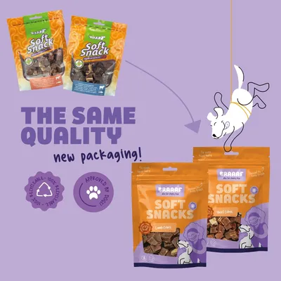 BRAAAF Soft Snacks new packaging, Lamb Cubes and Beef Cubes. Text: THE SAME QUALITY, new packaging! 100% recyclable, approved by dogs. Old and new packs shown.