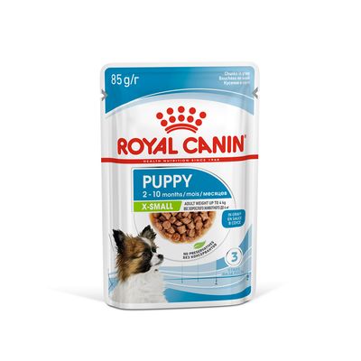 Royal Canin Puppy X-Small, 85g pouch, for puppies aged 2-10 months with adult weight up to 4kg. Chunks in gravy, no preservatives, stage 3 growth.
