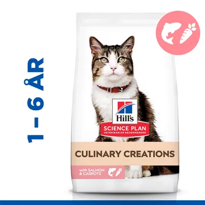 Hill's Science Plan Culinary Creations kattemad, 1–6 år, med teksten 'with SALMON & CARROTS' og illustrationer af fisk og gulerod på posen. Hill's Science Plan Culinary Creations kattemad, 1–6 år, med teksten 'with SALMON & CARROTS' og illustrationer af fisk og gulerod på posen.