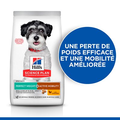 Hill's Science Plan Perfect Weight & Active Mobility pour chiens adultes de petite taille, avec poulet. Texte : une perte de poids efficace et une mobilité améliorée.