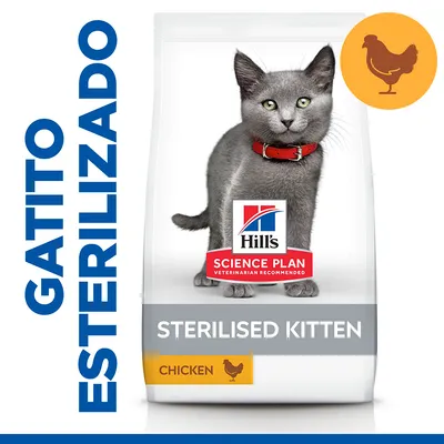 Pienso Hill's Science Plan Sterilised Kitten para gatito esterilizado, sabor pollo. Texto visible: 'GATITO ESTERILIZADO', 'CHICKEN', imagen de un gato y símbolo de pollo.