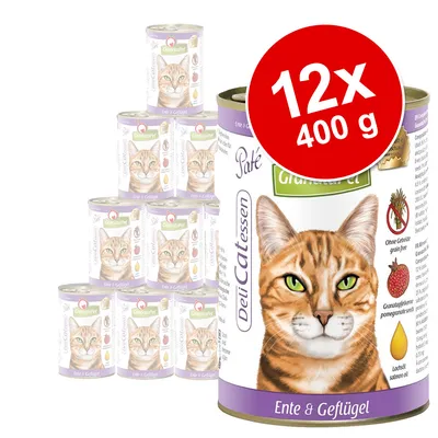 GranataPet DeliCatessen Ente & Geflügel, 12×400 g konzervy pre mačky, bez obilnín, s lososovým olejom a granátovým jablkom. Viditeľný obrázok mačky na obale.