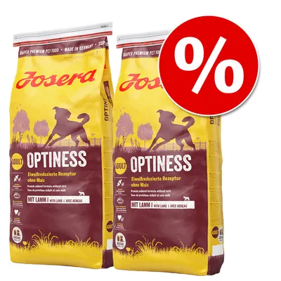 Josera Optiness Adult храна за кучета, с намалено съдържание на протеин, без царевица, с агнешко. Два сака в оферта с червен процентен символ.