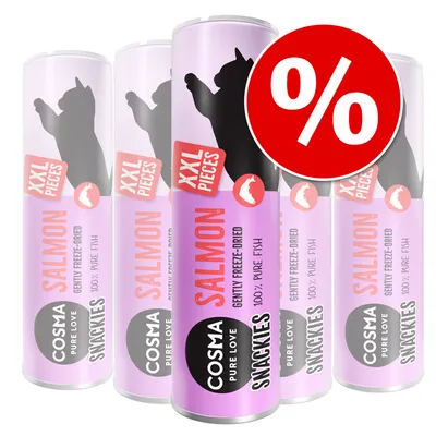 Zestaw Cosma Snackies XXL Pieces Salmon, 100% pure fish, gently freeze-dried. Opakowania z kotem i dużym symbolem procentowym oznaczającym promocję.